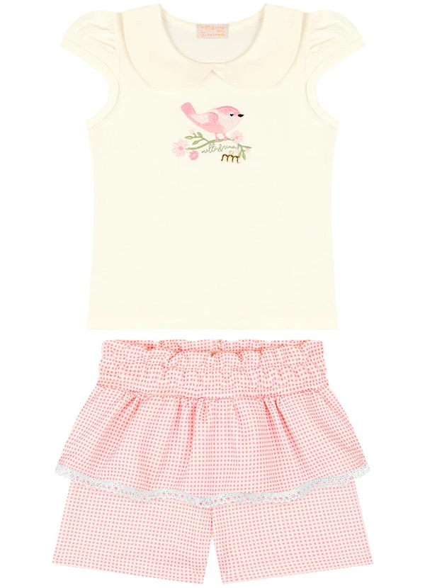 Milli e Nina - Conjunto Bebê Blusa e Shorts em Cotton Bee Bege