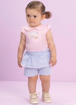 Milli e Nina - Conjunto Bebê Blusa e Shorts em Cotton Bee Rosa - MILLI E NINA