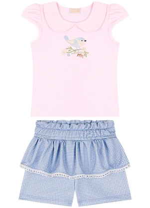 Milli e Nina - Conjunto Bebê Blusa e Shorts em Cotton Bee Rosa - MILLI E NINA
