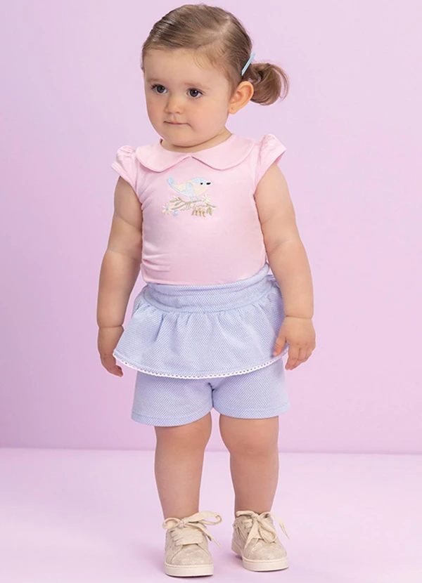 Milli e Nina - Conjunto Bebê Blusa e Shorts em Cotton Bee Rosa