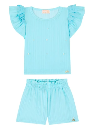 Milli e Nina - Conjunto Bebê Blusa e Shorts em Jacquard Azul - MILLI E NINA