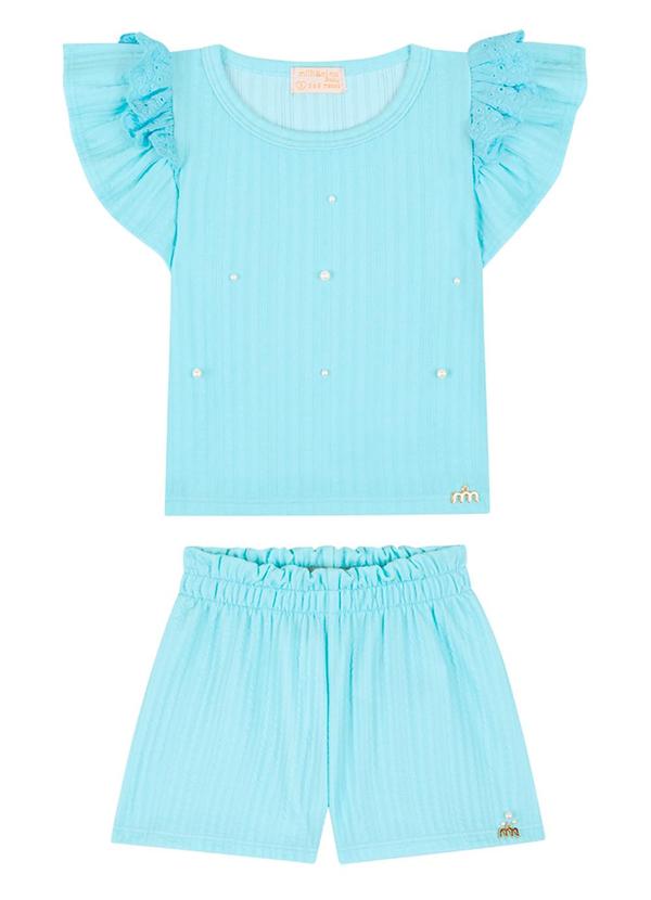 Milli e Nina - Conjunto Bebê Blusa e Shorts em Jacquard Azul