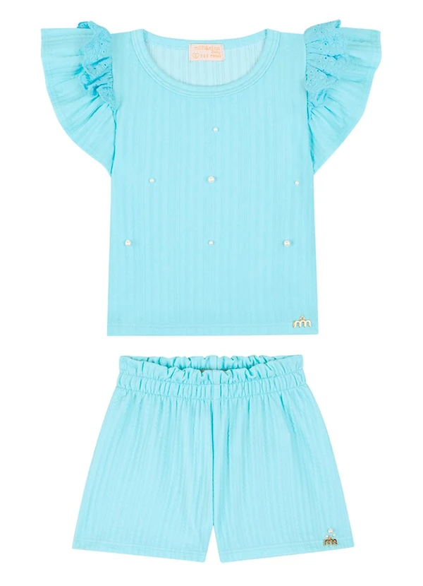 Milli e Nina - Conjunto Bebê Blusa e Shorts em Jacquard Azul