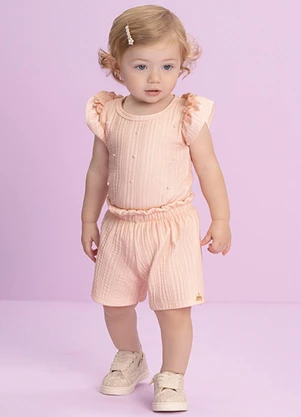 Milli e Nina - Conjunto Bebê Blusa e Shorts em Jacquard Rosa - MILLI E NINA
