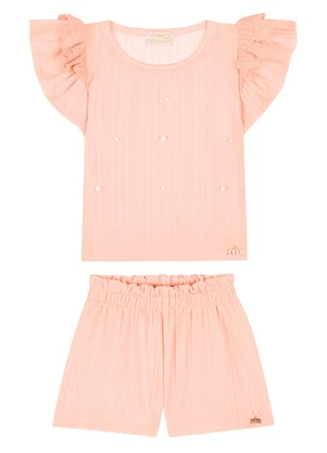 Milli e Nina - Conjunto Bebê Blusa e Shorts em Jacquard Rosa - MILLI E NINA