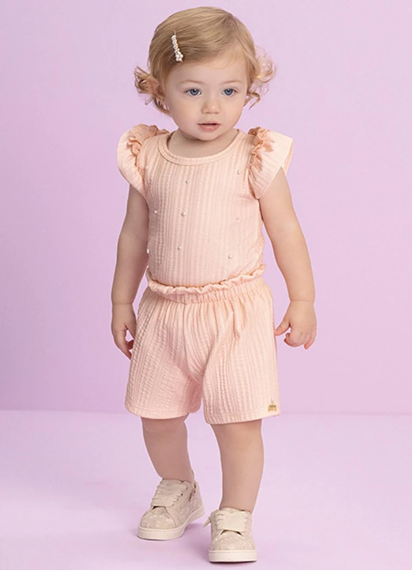 Milli e Nina - Conjunto Bebê Blusa e Shorts em Jacquard Rosa