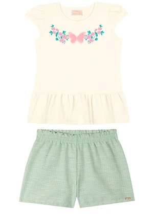 Milli e Nina - Conjunto Bebê Blusa e Shorts em Sarja Leve Bege - MILLI E NINA