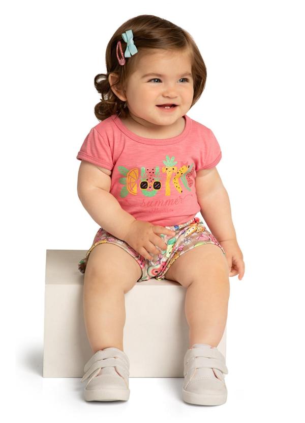 Marlan - Conjunto Bebê Blusa e Shorts Frutinhas Rosa
