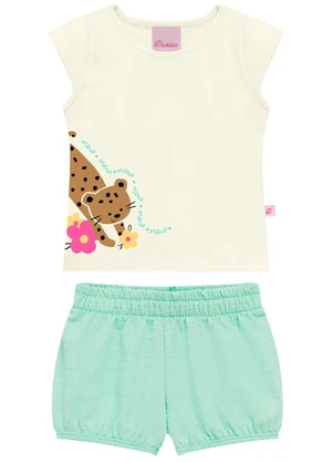 Duduka - Conjunto Bebê Blusa Gatinho e Shorts Liso  Bege - DUDUKA