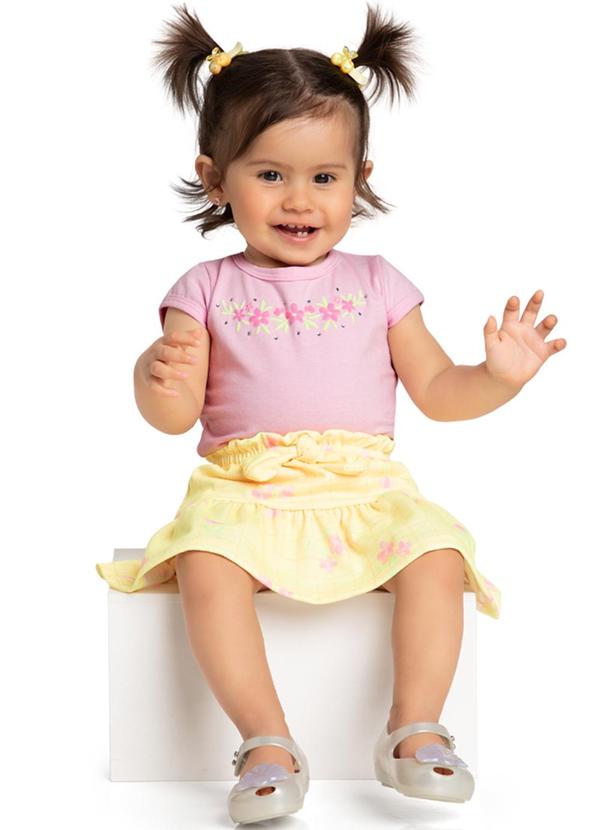 Marlan - Conjunto Bebê Body e Saia Grid Floral Rosa