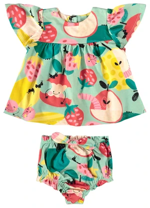 Três e Já - Conjunto Bebê com Bata e Calcinha Verde - TRÊS E JÁ
