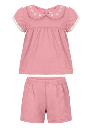 Alakazoo - Conjunto Bebê com Blusa Bordada e Shorts Rosa - ALAKAZOO