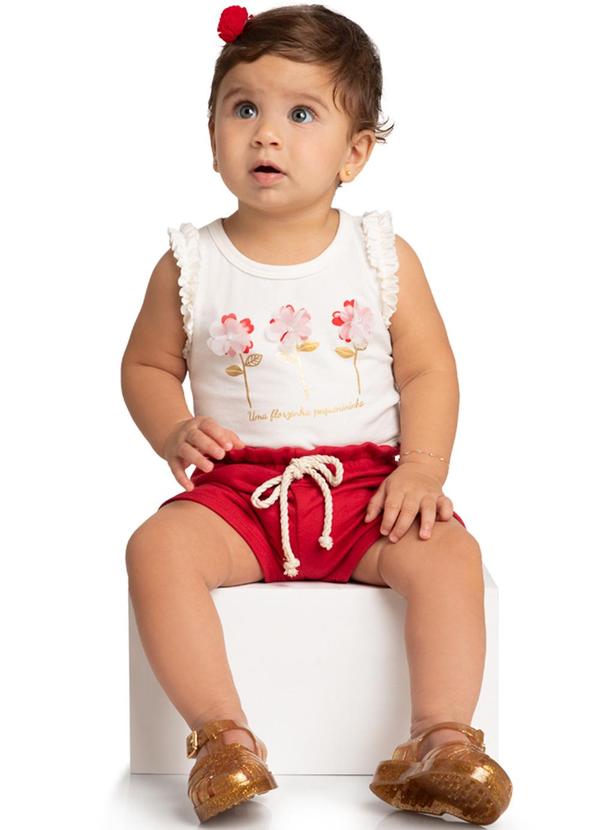 Marlan - Conjunto Bebê Menina Blusa Flores e Shorts Bege