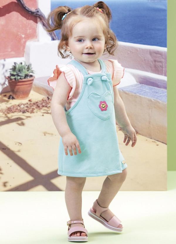 Milli e Nina - Conjunto Bebê Menina Body e Salopete Flor Verde