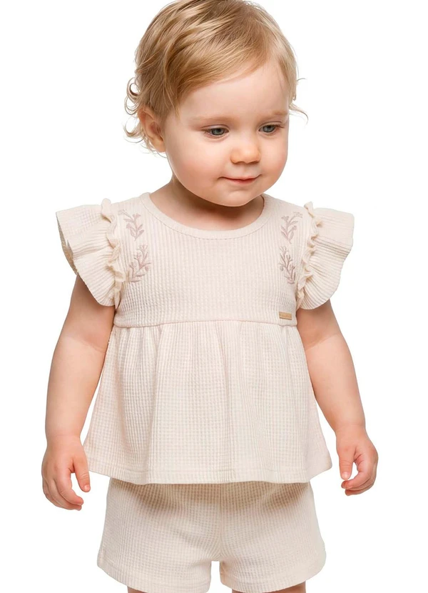 Colorittá - Conjunto Bebê Menina Malha Tricô Bordada Bege