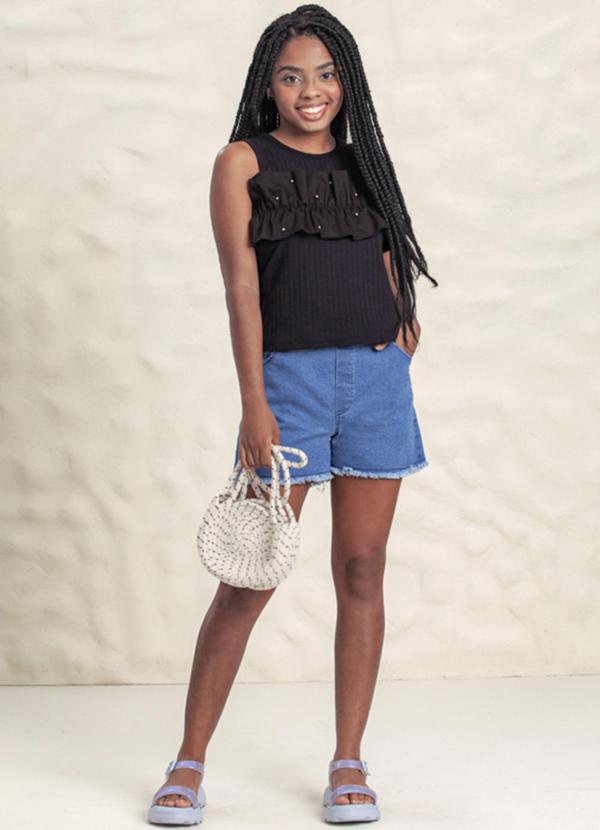 Milli e Nina - Conjunto Blusa Babado e Shorts Jeans Preto