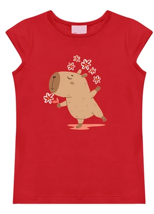 Duduka - Conjunto Blusa Capivara  e Short Flor Vermelho - DUDUKA