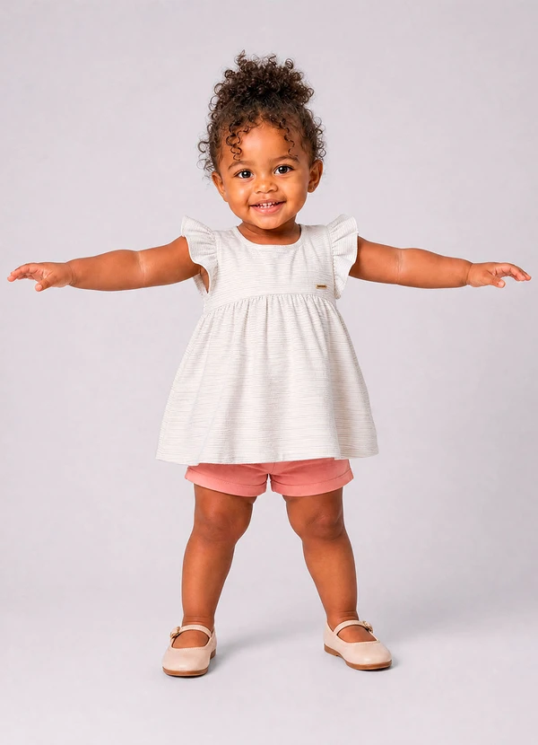 Marlan - Conjunto Blusa com Brilho e Shorts Bege