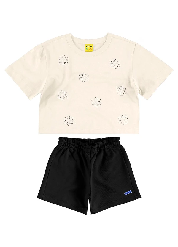 Rovi Kids - Conjunto Blusa com Shorts Meia Malha Bege