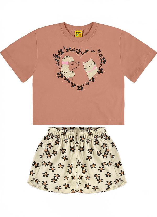 Rovi Kids - Conjunto Blusa com Shorts Meia Malha Marrom