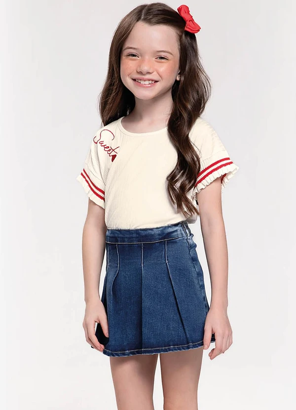 Trick Nick - Conjunto Blusa com Shorts Saia Jeans Bege