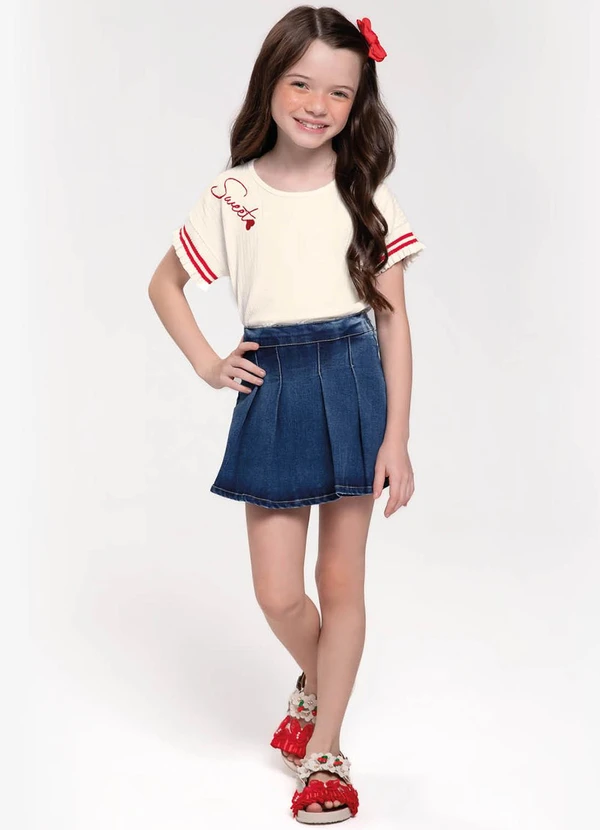 Trick Nick - Conjunto Blusa com Shorts Saia Jeans Bege 3