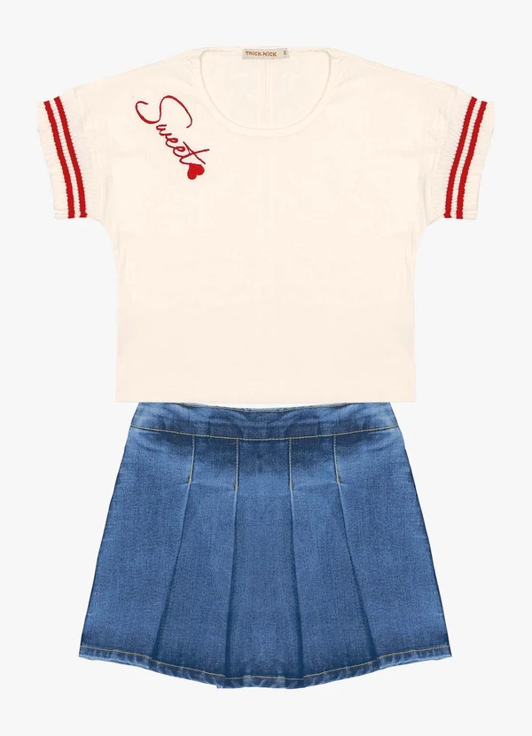 Trick Nick - Conjunto Blusa com Shorts Saia Jeans Bege 7