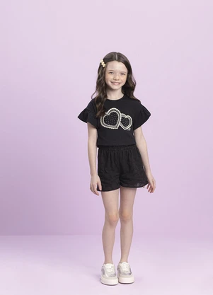 Milli e Nina - Conjunto Blusa Cotton com Sshorts Laise Preto - MILLI E NINA