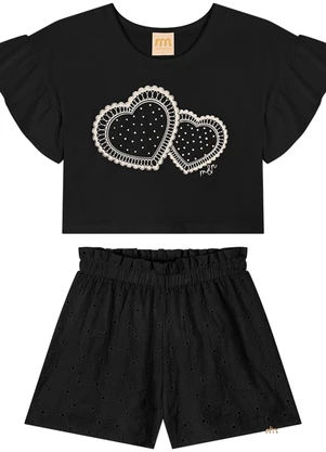 Milli e Nina - Conjunto Blusa Cotton com Sshorts Laise Preto - MILLI E NINA