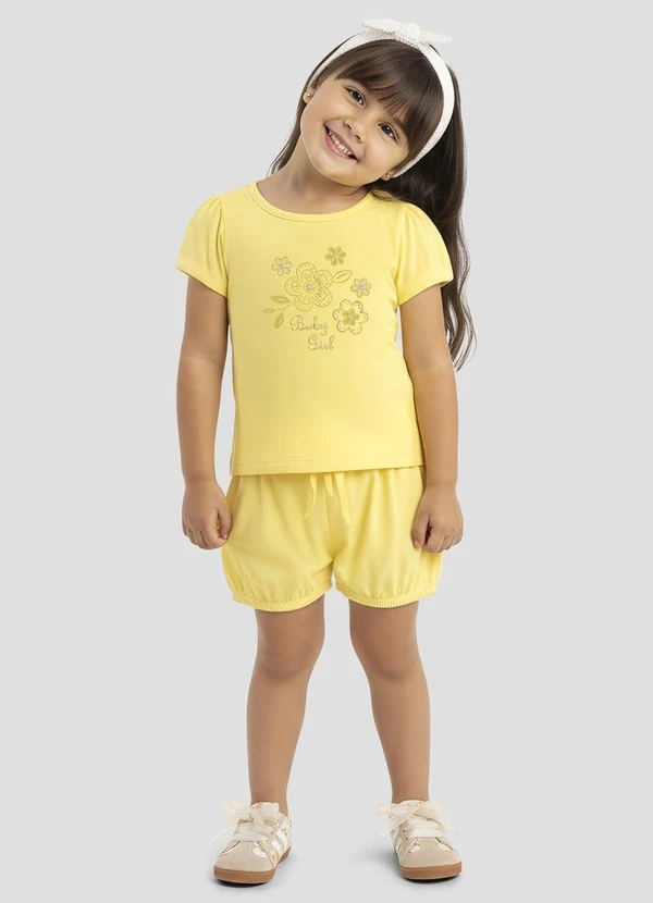 Kely Kety - Conjunto Blusa Cotton e Shorts em Malha Amarelo