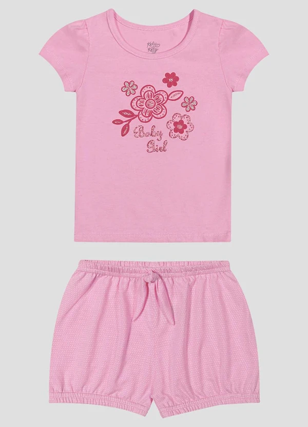 Kely Kety - Conjunto Blusa Cotton e Shorts em Malha Rosa