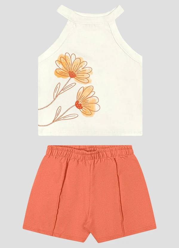 Kely Kety - Conjunto Blusa Cotton e Shorts Moletinho Bege