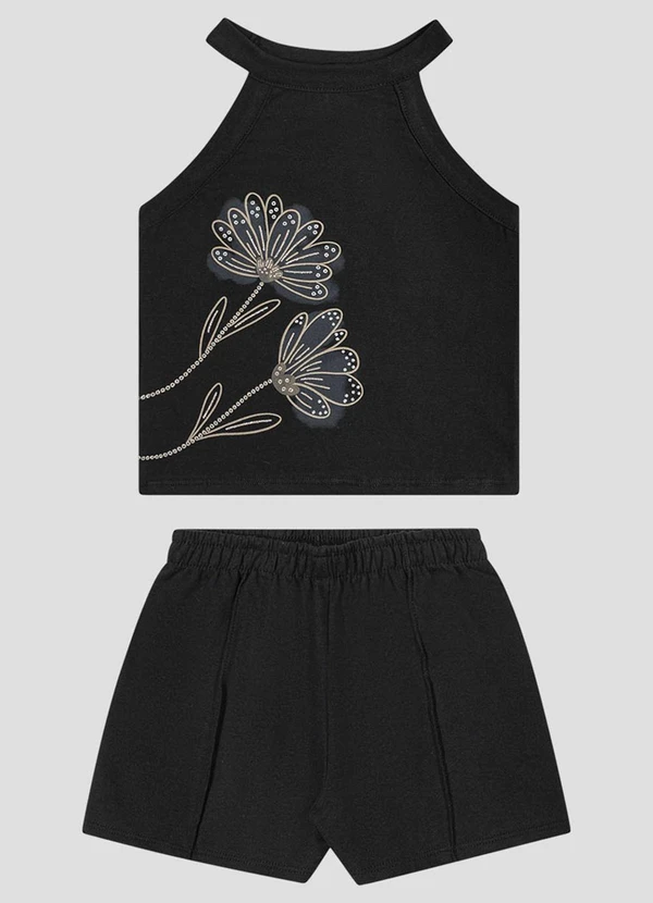 Kely Kety - Conjunto Blusa Cotton e Shorts Moletinho Preto