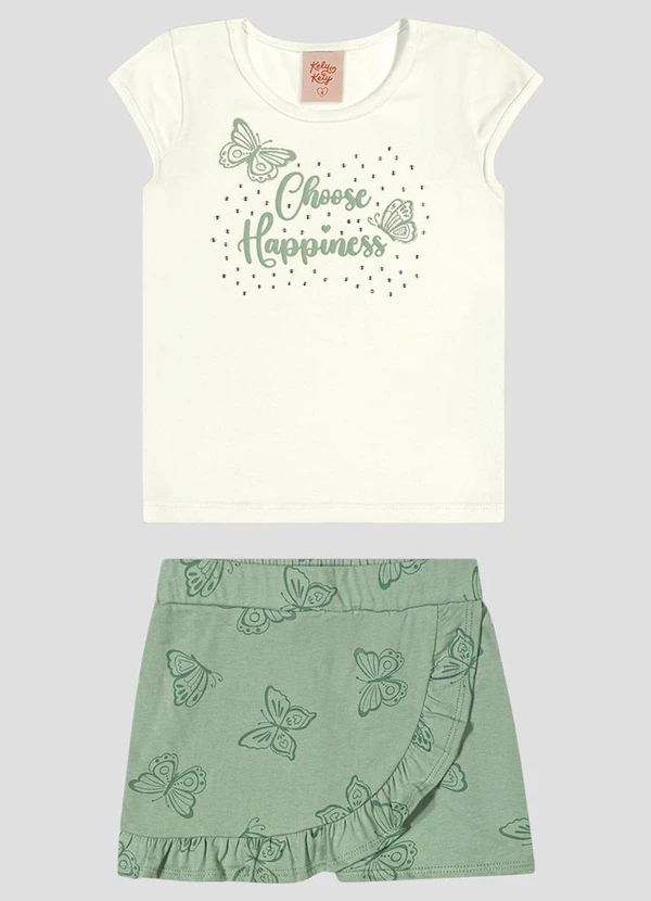 Kely Kety - Conjunto Blusa Cotton e Shorts-Saia Bege