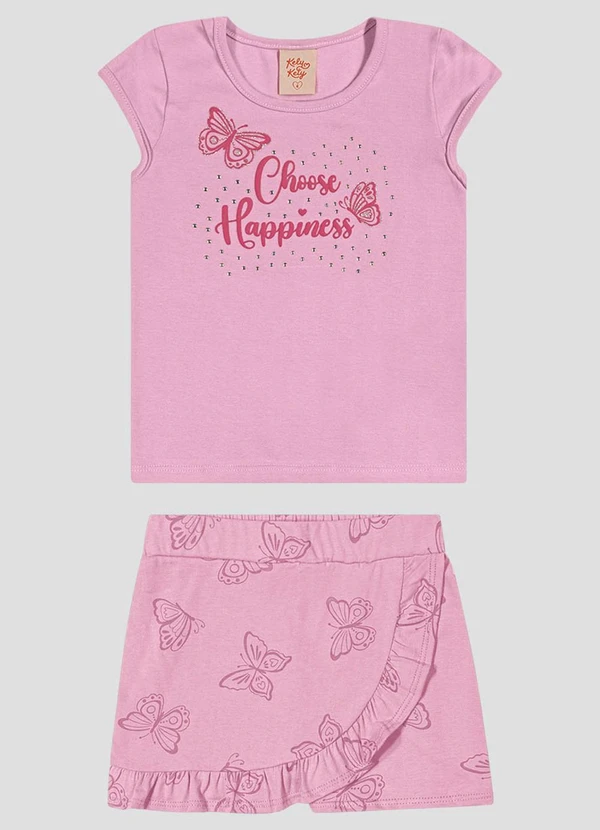 Kely Kety - Conjunto Blusa Cotton e Shorts-Saia Rosa
