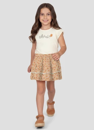 Kely Kety - Conjunto Blusa Cotton e Shorts Saia Viscose Bege - KELY KETY