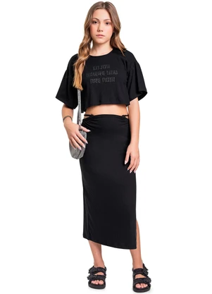 Gloss - Conjunto Blusa Cropped e Saia Midi Preto - GLOSS