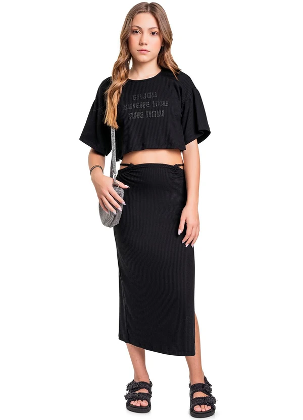 Conjunto Blusa Cropped e Saia Midi Preto Gloss