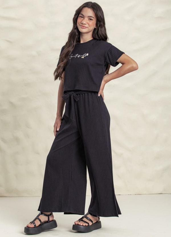 Milli e Nina - Conjunto Blusa e Calça Pantacourt Canelado Preto
