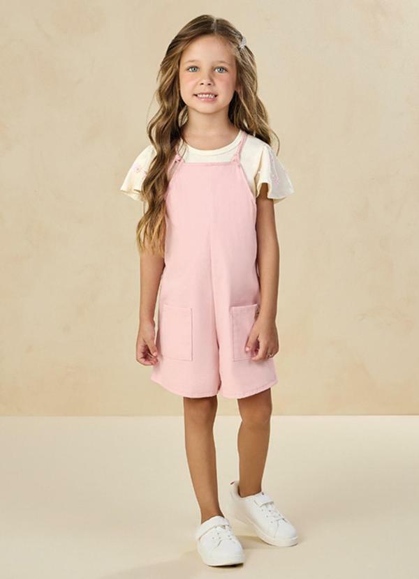 Milli e Nina - Conjunto Blusa e Jardineira com Elastano Rosa