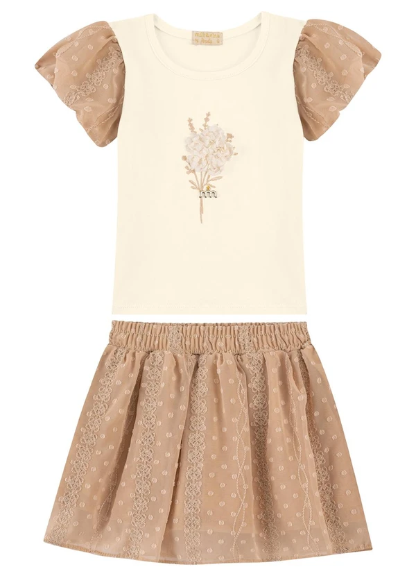 Milli e Nina - Conjunto Blusa e Saia Bebê Shorts Embutido Bege