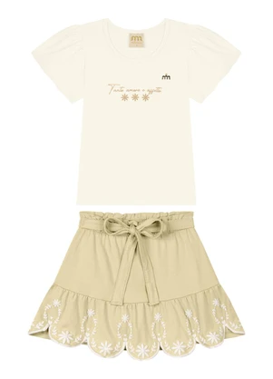Milli e Nina - Conjunto Blusa e Saia em Cotton Penteado Bege - MILLI E NINA