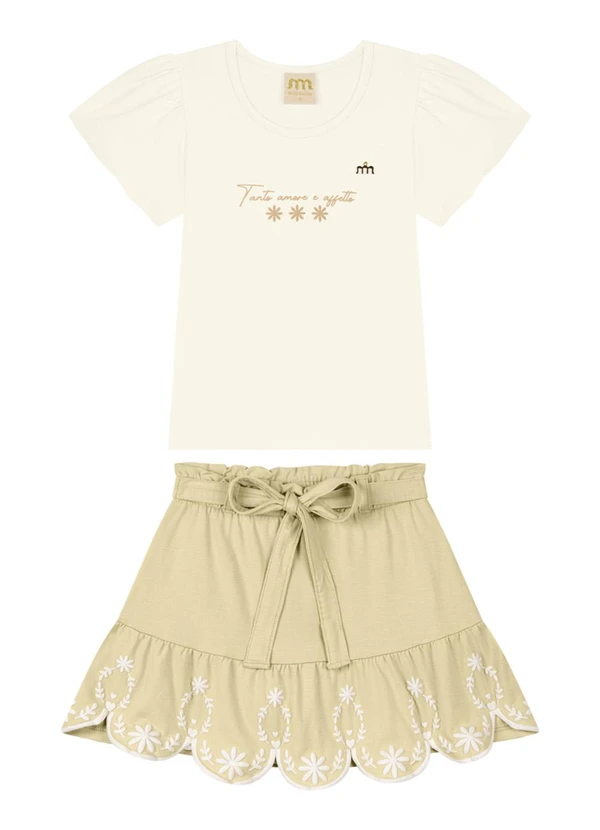 Milli e Nina - Conjunto Blusa e Saia em Cotton Penteado Bege