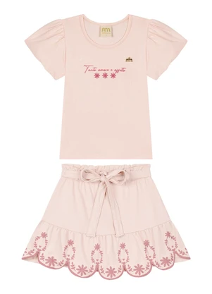 Milli e Nina - Conjunto Blusa e Saia em Cotton Penteado Rosa - MILLI E NINA