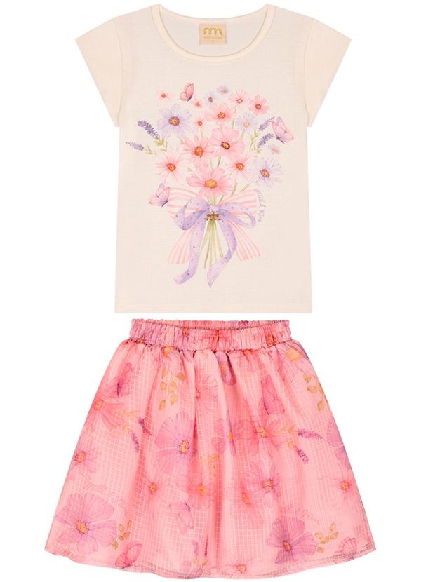 Milli e Nina - Conjunto Blusa e Saia em Tecido Flores Bege