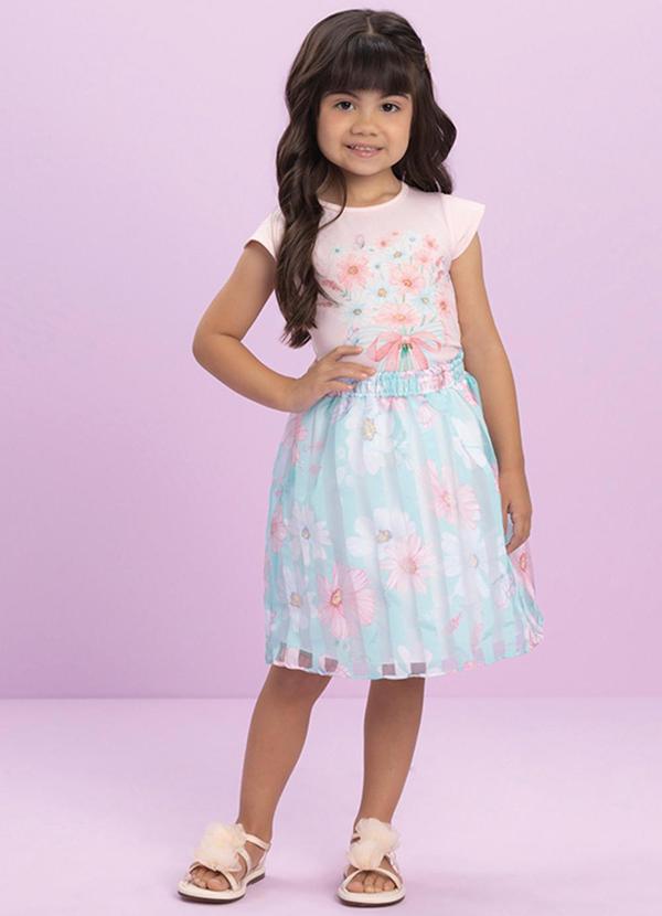 Milli e Nina - Conjunto Blusa e Saia em Tecido Flores Rosa