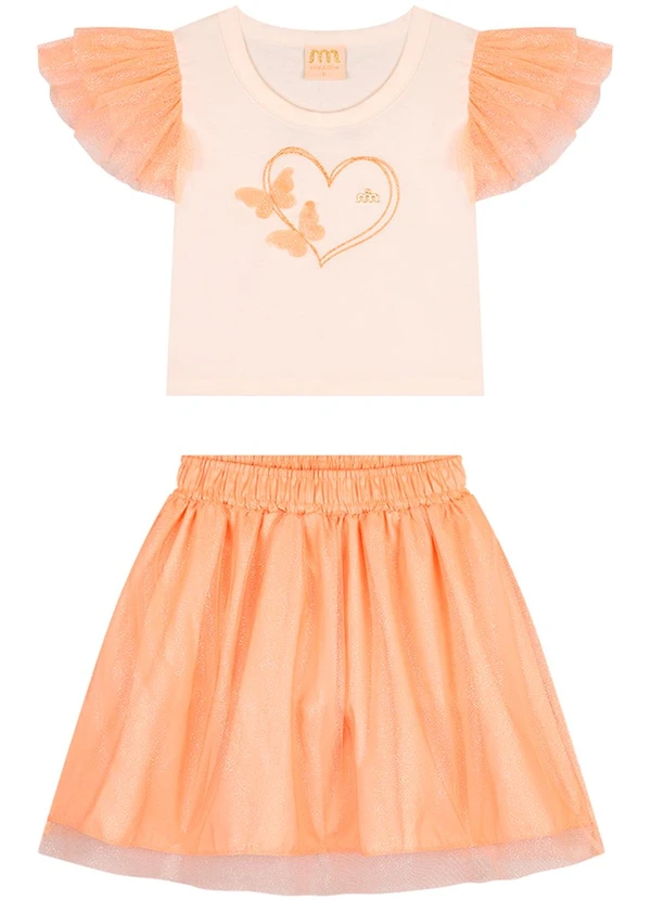 Milli e Nina - Conjunto Blusa e Saia em Tule Brilho Laranja