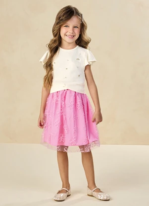 Milli e Nina - Conjunto Blusa e Saia em Tule Laços Bambina Bege - MILLI E NINA