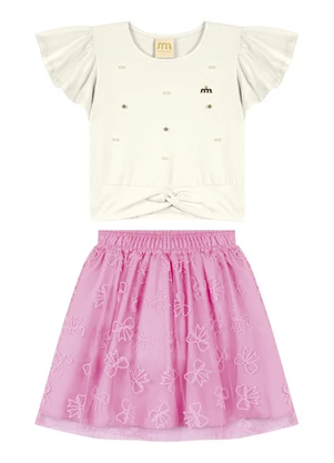Milli e Nina - Conjunto Blusa e Saia em Tule Laços Bambina Bege - MILLI E NINA