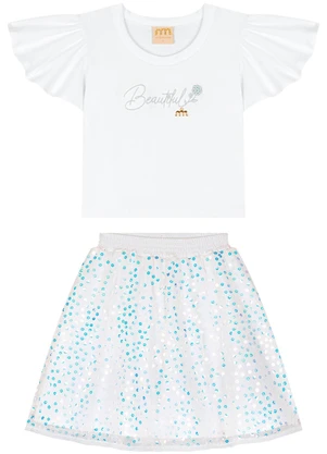 Milli e Nina - Conjunto Blusa e Saia em Tule Paetê Branco - MILLI E NINA